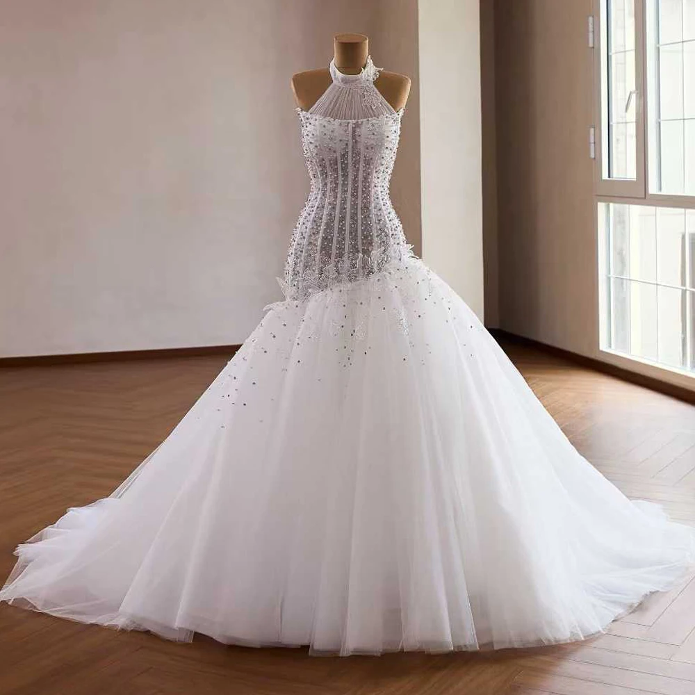 

Halter Wedding Dress For Brides Asymmetrical Pearl Crystal Mermaid Vestido De Novia Corte Sirena