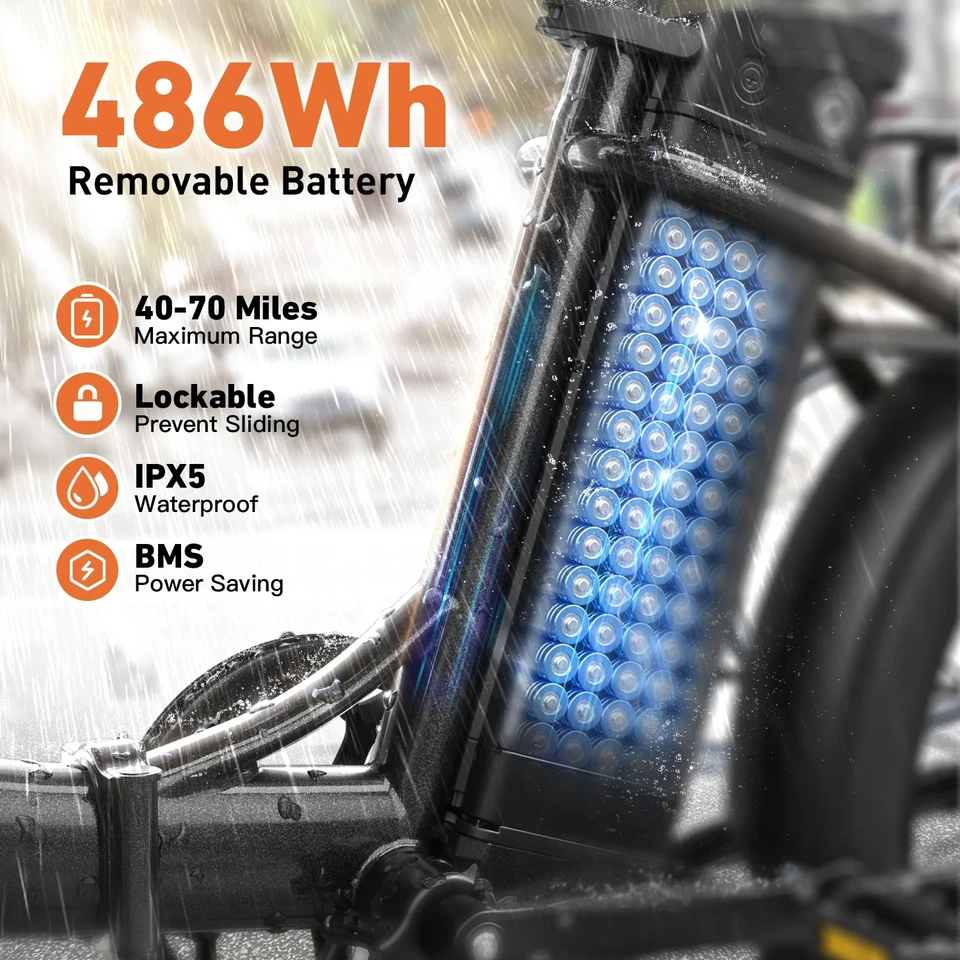 QRONGE Mirage Electric Bike 1000W Peak Folding Electric Bicycle 486Wh 70 Miles Range Ebike 7 Speed 25 MPH Max 20" Step-Thru Bicycle With Front Basket Waterproof Removable Battery image 8