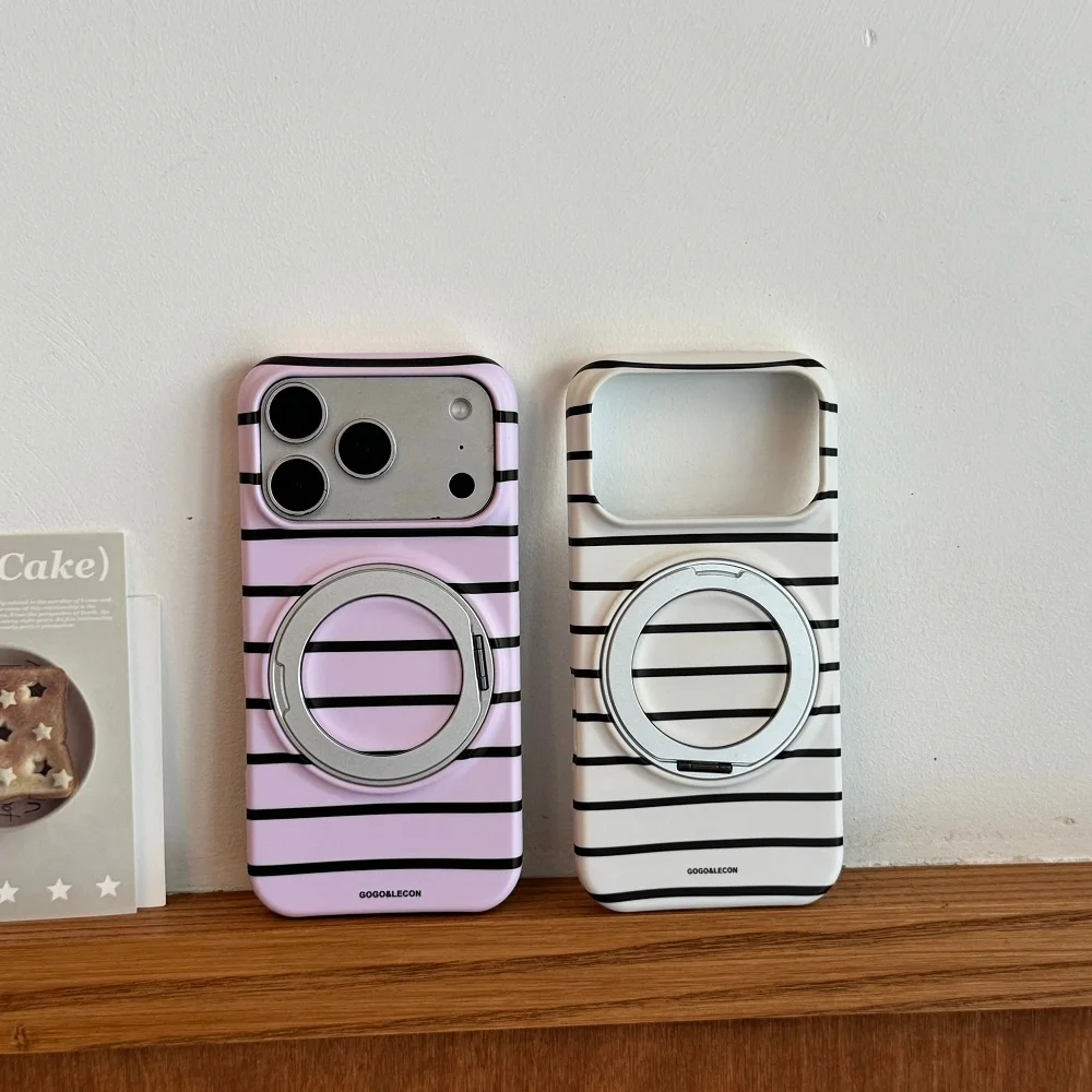 New Korean Ins Simple Striped Magnetic Phone Case for iPhone 17 Pro Max 15 16 17 Pro with MagSafe Stand Fashion Shockproof Cover
