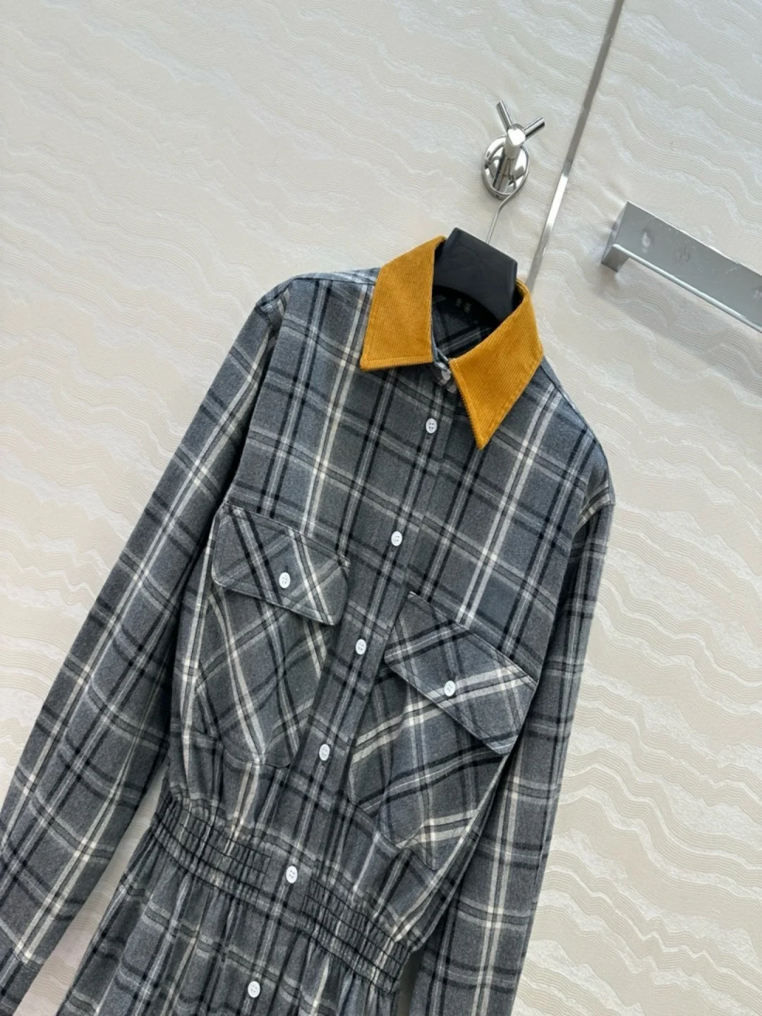 فستان قميص منقوش للنساء، ياقة سروال قصير بجيب كارجو، خصر مطاطي، مزيج من الصوف على شكل حرف A، رمادي عتيق، أنيق بريبي، #3