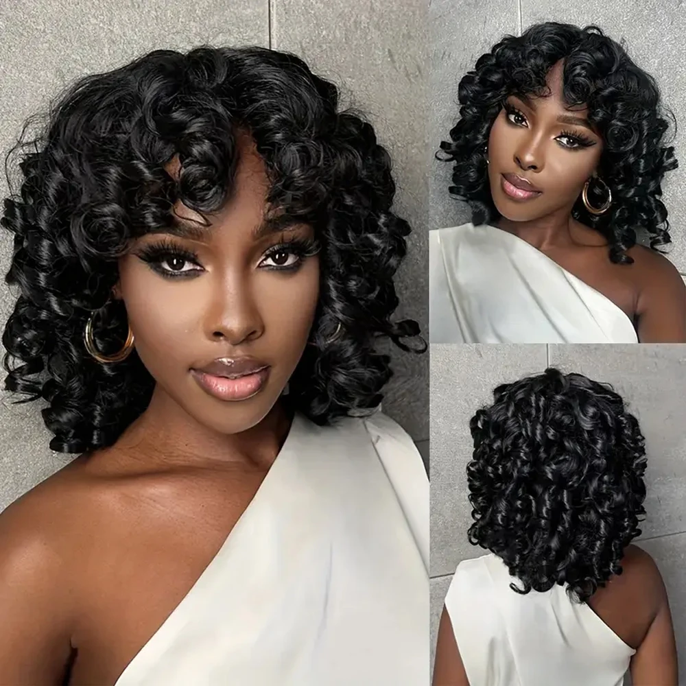 Bouncy Curls Bob Peruca com Franja, Afro Kinky Curly Wig, Cabelo Humano Virgem Brasileiro Grande Preto, Glueless Pixie Cut Perucas, 10A