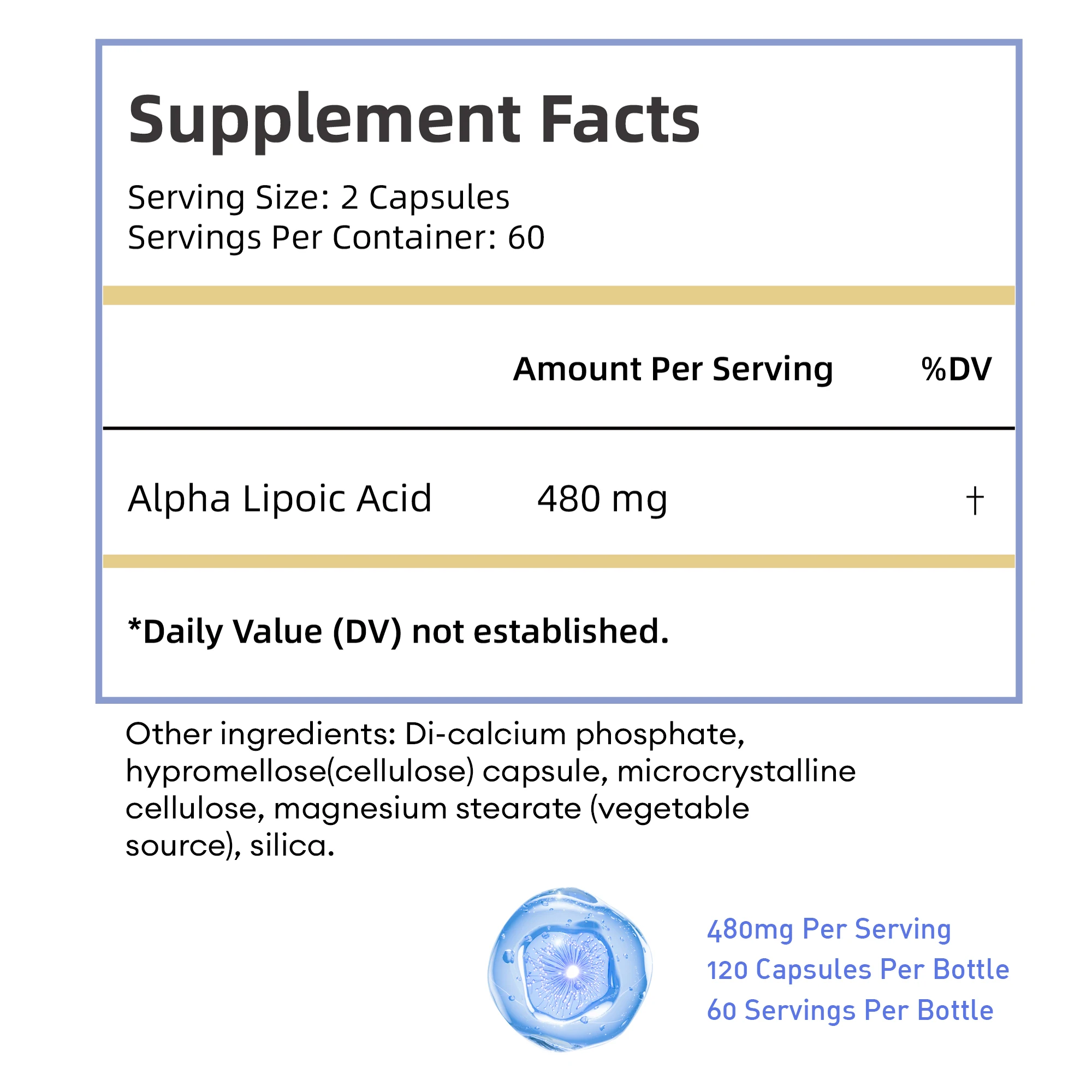 Alpha Lipoic Acid - Antioxidant, Beneficial for Brain and Heart Health, Improve Nerve Function - 120 Capsules