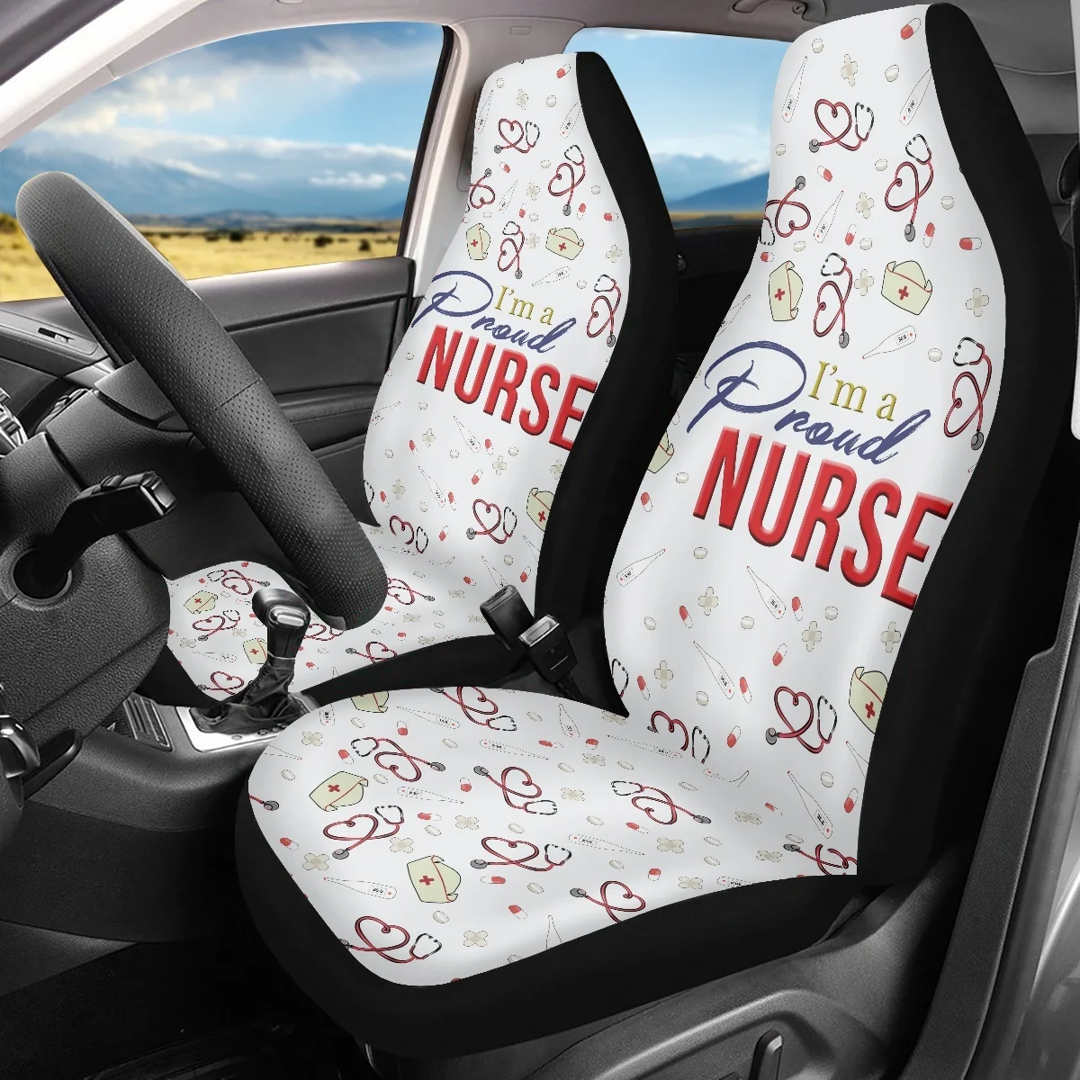 I‘m a Proud Nurse Words Medical Tool Print Car Seat Cover Easy to Clean Install Universal Vehicles Interior Front Seat Covers