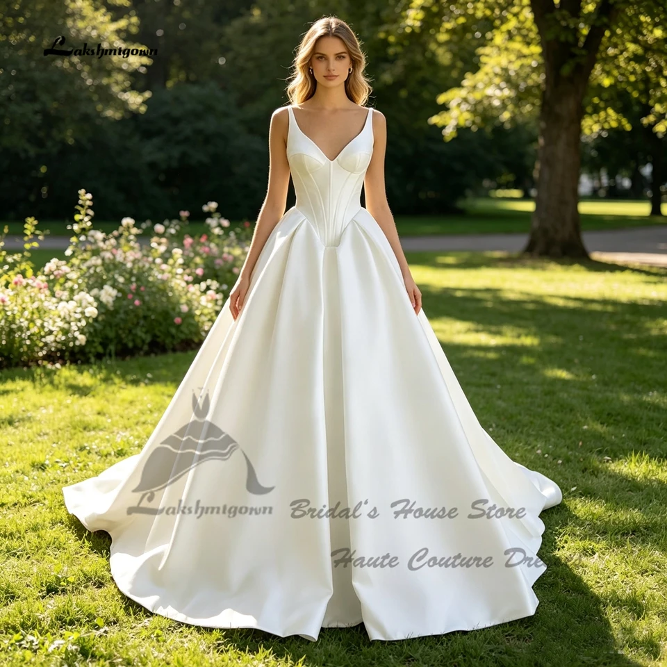 Lakshmigown Elegante Satin-Hochzeitskleider für die Kirche, Vestidos 2026, Prinzessin, weiße Brautkleider, V-Ausschnitt, ärmellos, maßgeschneidert – Detail 5