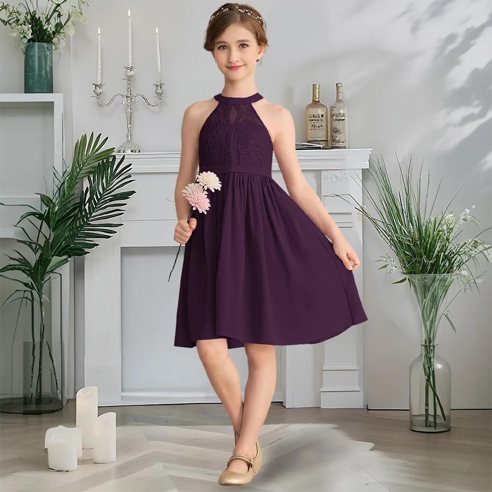 

Luxurious Halter Junior Bridesmaid Dress Royal Lavender Flower Girl Dress Knee-Length Chiffon Lace With Cascading Ruffles