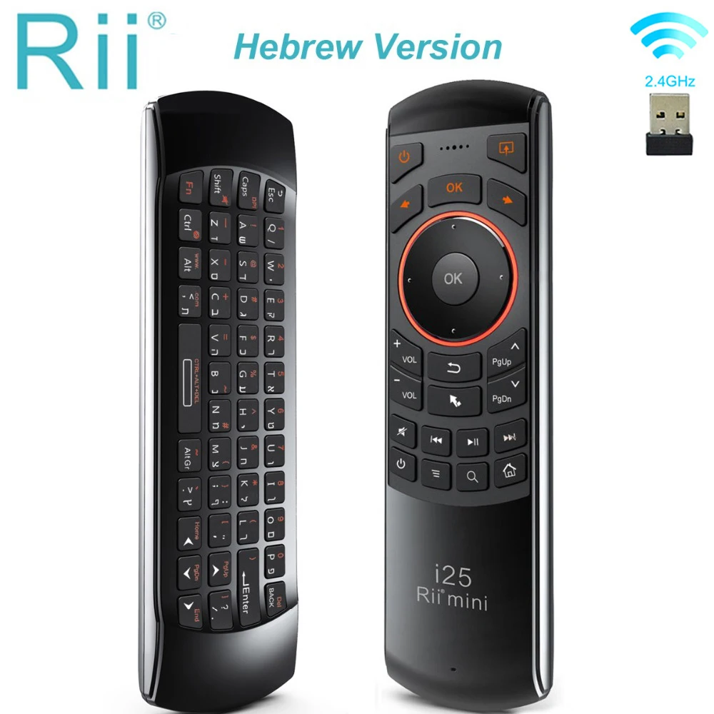 Oryginalny Rii i25 2.4GHz klawiatura hebrajska pilot bezprzewodowa mysz sterowanie IR Extender nauka dla HTPC inteligentny Android google tv box IPTV