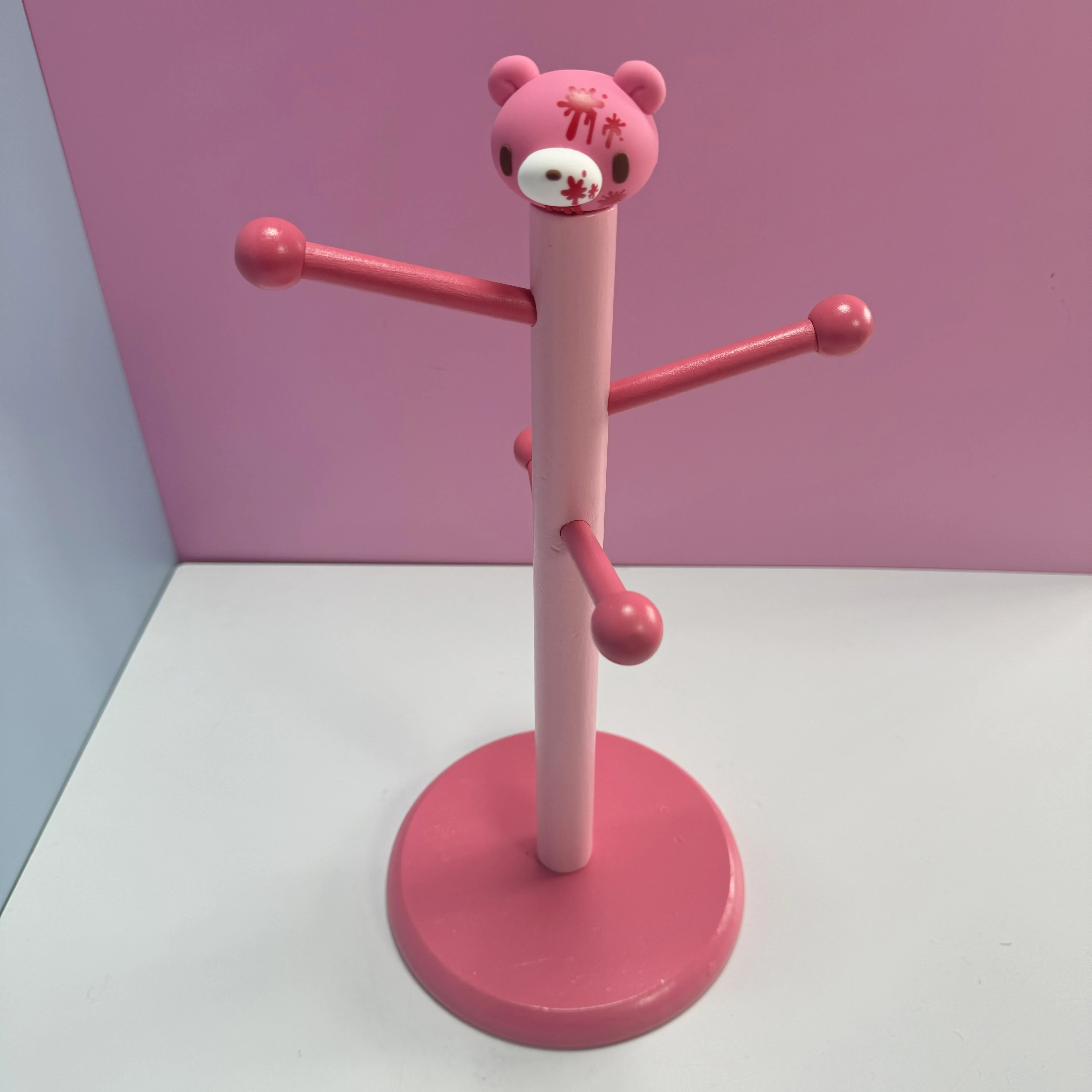 Support à bijoux en bois en forme d'ours rose mignon pour bureau et coiffeuse