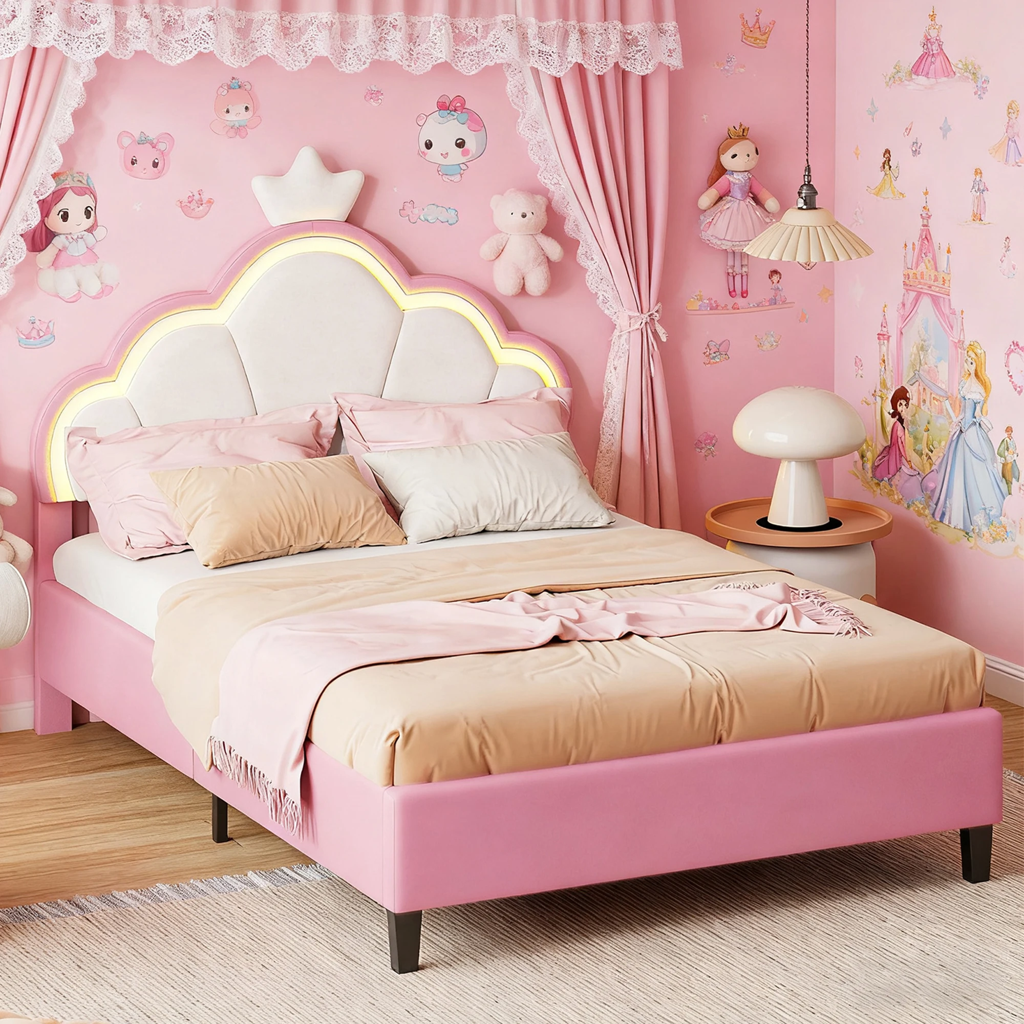 90x Letto per bambini con letto principessa con LED e slaty box single girl a forma di corona con testiera regolabile