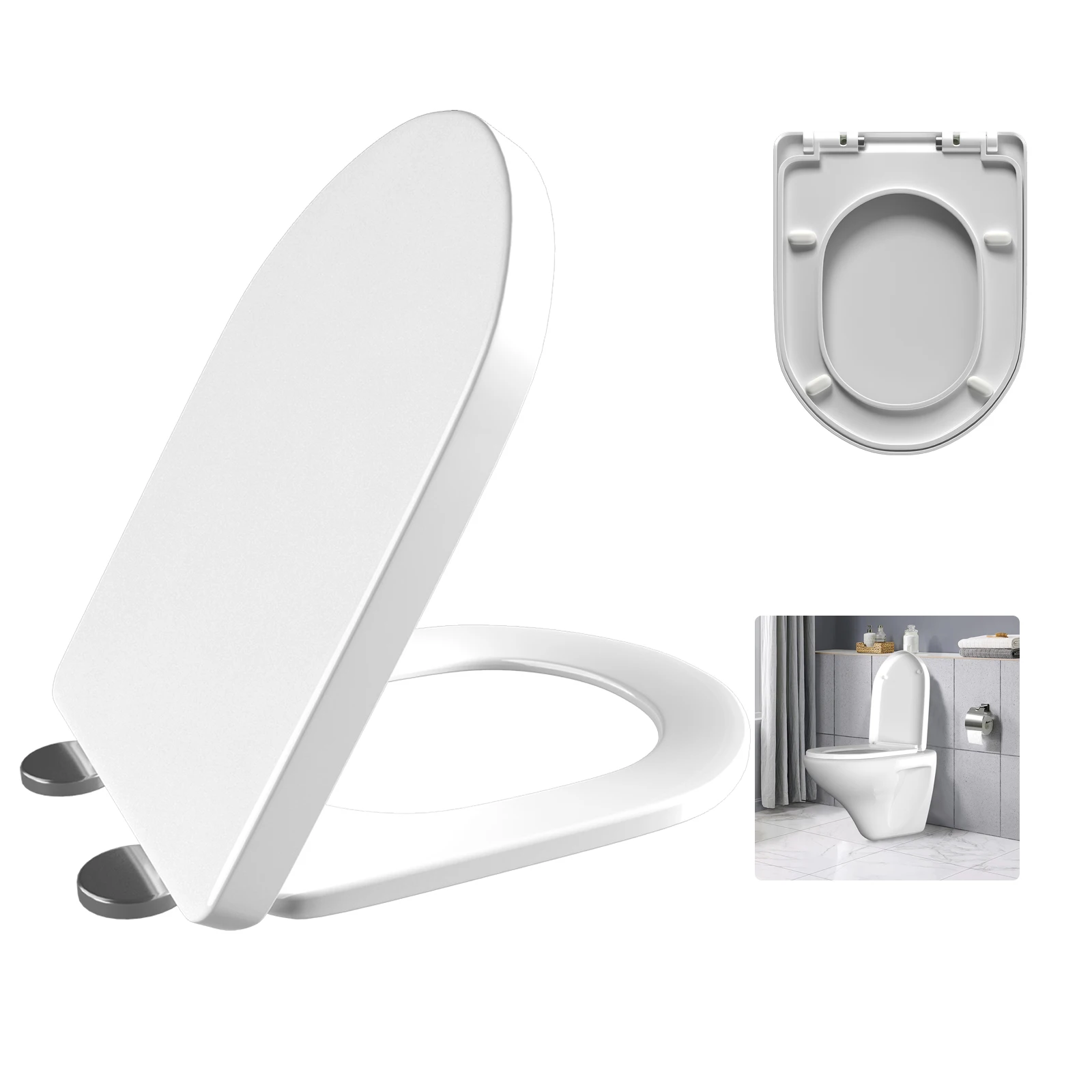 Asiento de Inodoro Premium en Forma de D, Cierre Suave |    Liberación Rápida |   Tapa de Inodoro Antibacteriana e Higiénica con Rotación de 360° °   Bisagras ajustables, fáciles de instalar y limpiar, color blanco