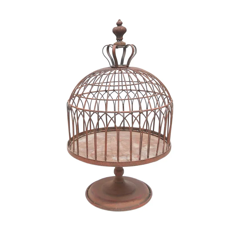 

Vintage Iron Birdcage Display Tray with Crown Top, Distressed Metal Pedestal Stand for Garden, Tabletop Decor