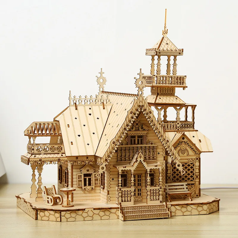 3D Wooden Puzzle Kid Adult DIY Model Kits Villa House Royal Castle with Light Assembly Toy Desk Decoration for Gift