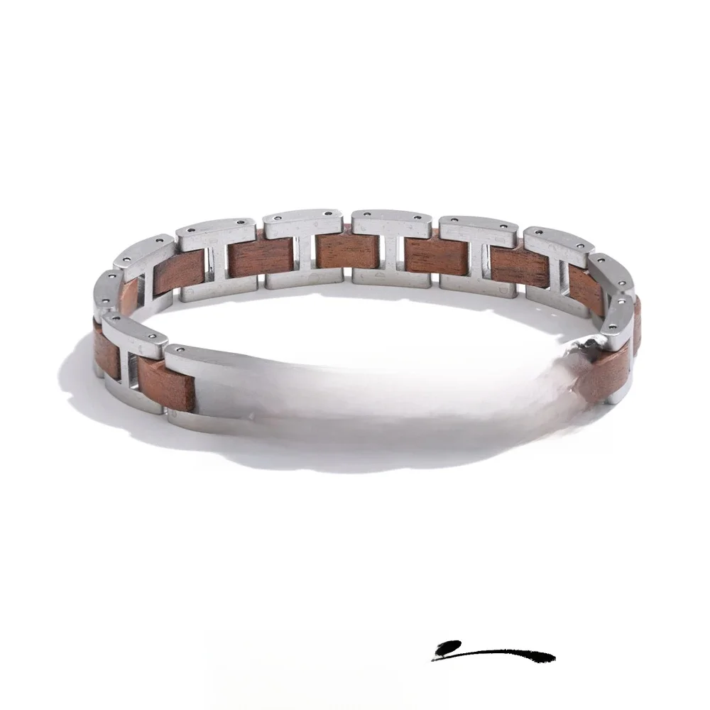 Yhpup 22 cm stijlvolle unieke roestvrijstalen natuurlijke houten ketting heren klassieke armband vintage mode pols armband sieraden accessoire - afbeelding 2
