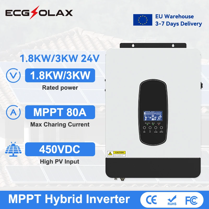 ECGSOLAX 1.8KW 3KW Hybrid Solar Inverter 12V 24V 230Vac With 80A MPPT Solar Charging Controller Hybrid Inverter Max PV 450VDC