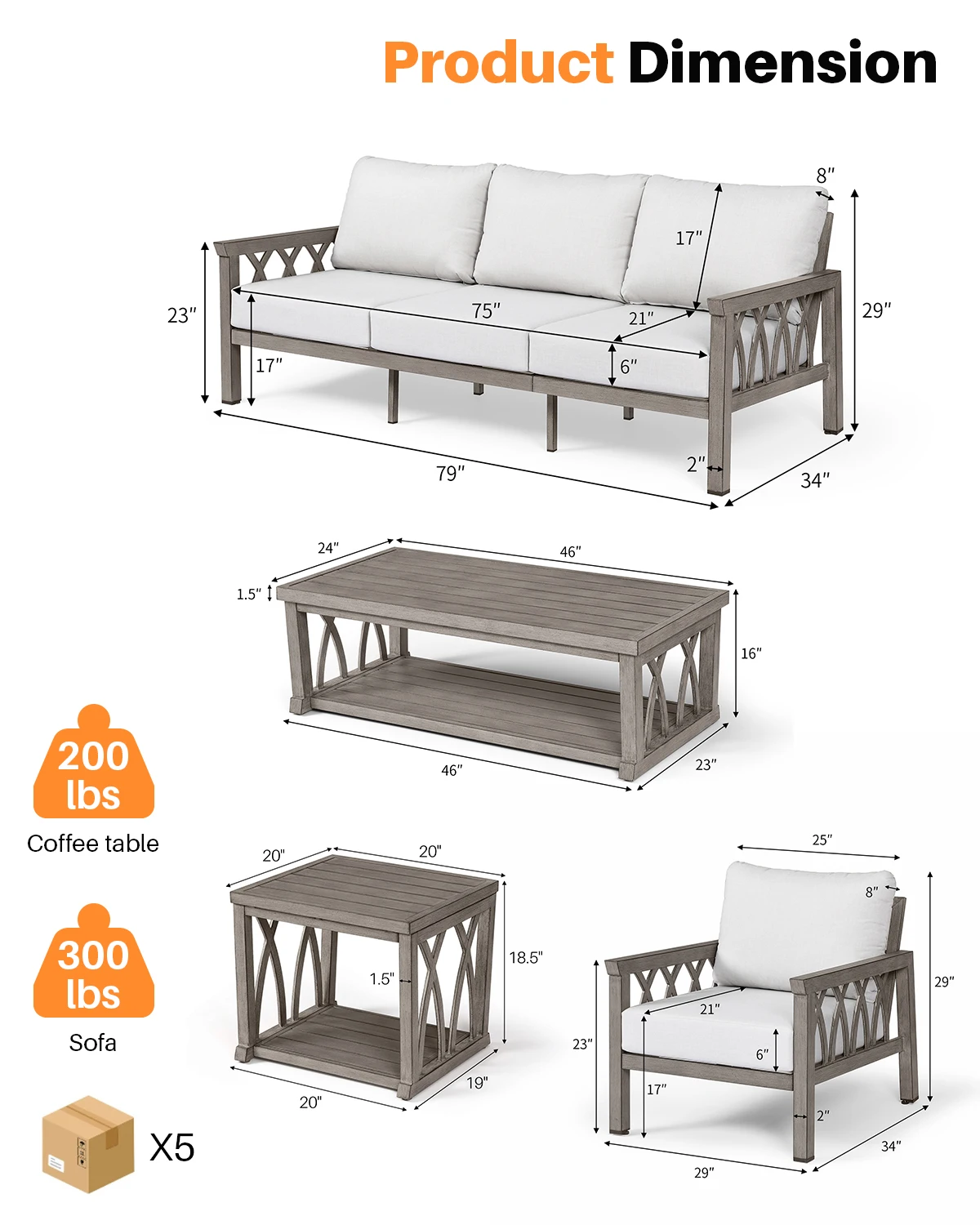 ชุดเฟอร์นิเจอร์ลานบ้าน SeeHill 5 ชิ้น, โซฟาอลูมิเนียมแบบประกอบส่วนพร้อมเบาะหนานุ่มสำหรับระเบียง ดาดฟ้า สระว่ายน้ำ