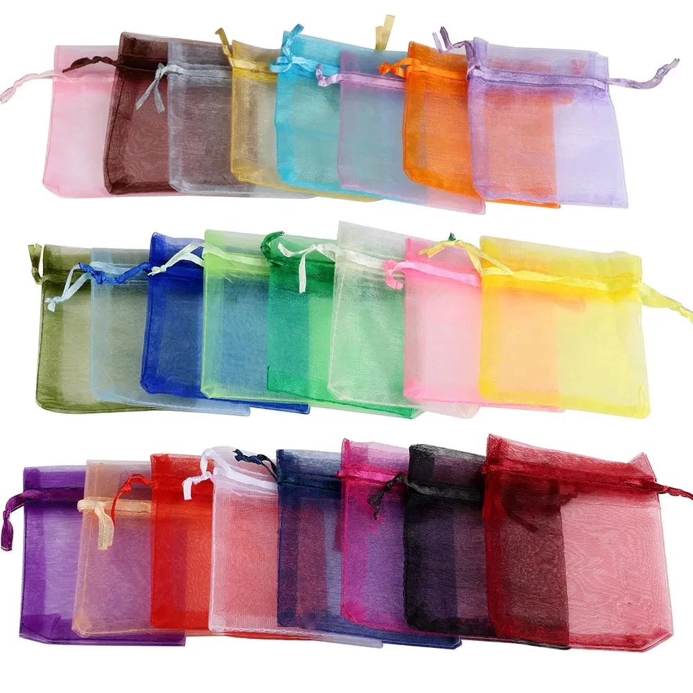 100 sztuk/partia 24 kolory Organza torby na biżuterię 7x9 9x12 10x15 13x18CM woreczki ze sznurkiem na ślub cukierki torby na prezenty pakowanie biżuterii — zdjęcie 2