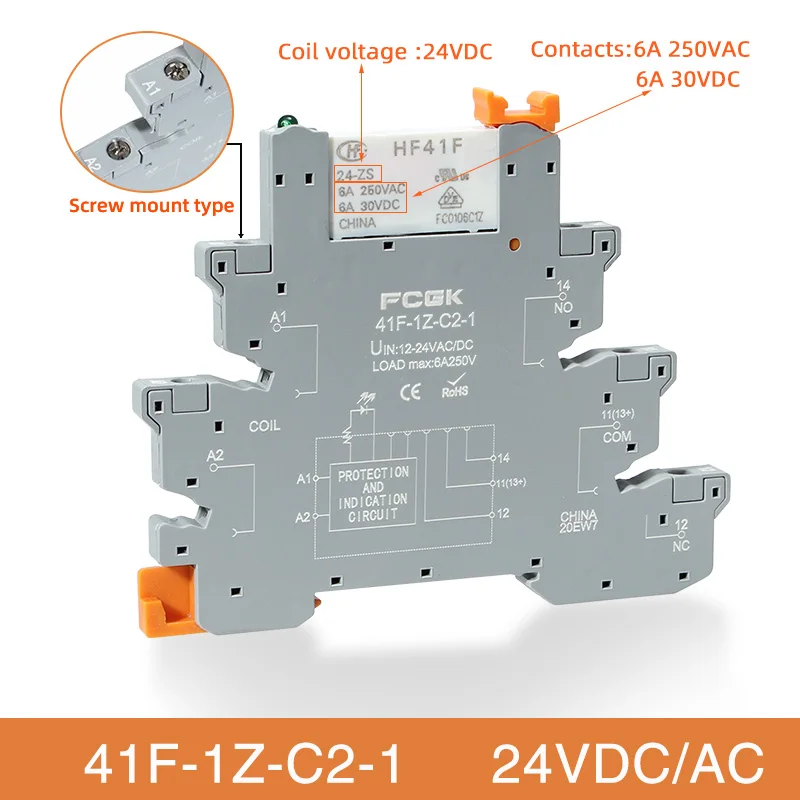 Din Rail Slim Relay Module 41F-1Z-C4-1 Geïntegreerd PCB Mount Power Relay met relaishouder 12VACDC 24VACDC relaisaansluiting 6,2 mm