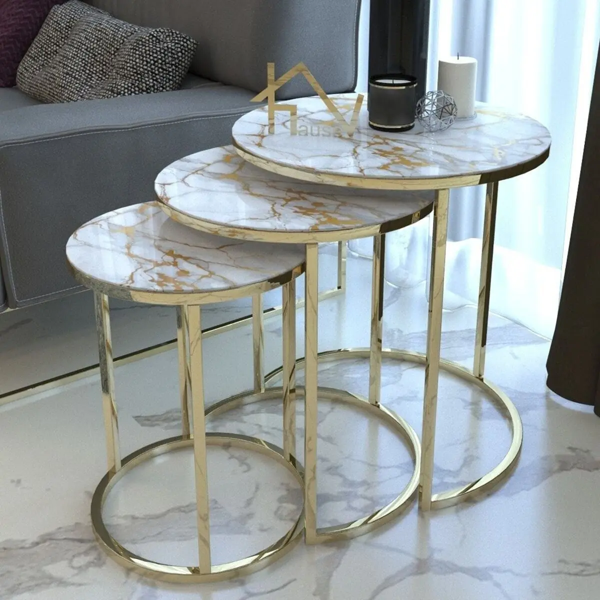 Decorative Gold Nesting Table Set of 3 Unbreakable Tempered Glass Luxury Marble Design Home Living Room 3Pcs Furniture Accessory