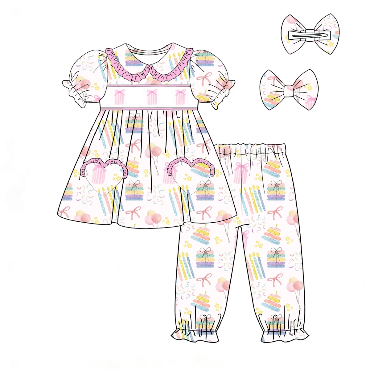 Boutique Children's Set Happy Birthday! New series cartoon printed girls boys clothing short sleeves long pants lapel pajama set