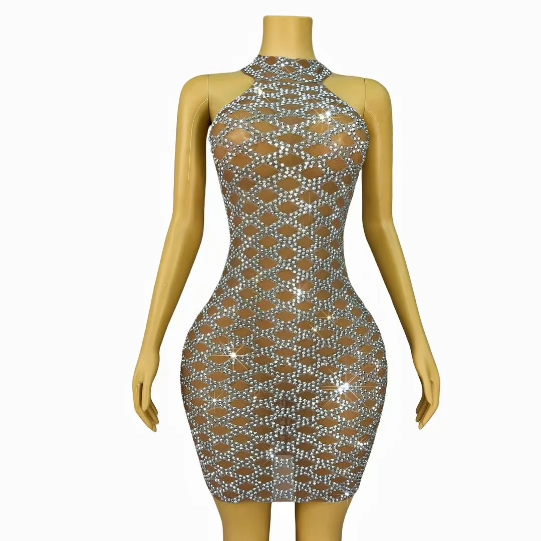 2024 Sexy Sleeveless Mini Dress For Women Diamond Fashion Perspective Nightclub Outfit Stage Costume Evening Party Dresses