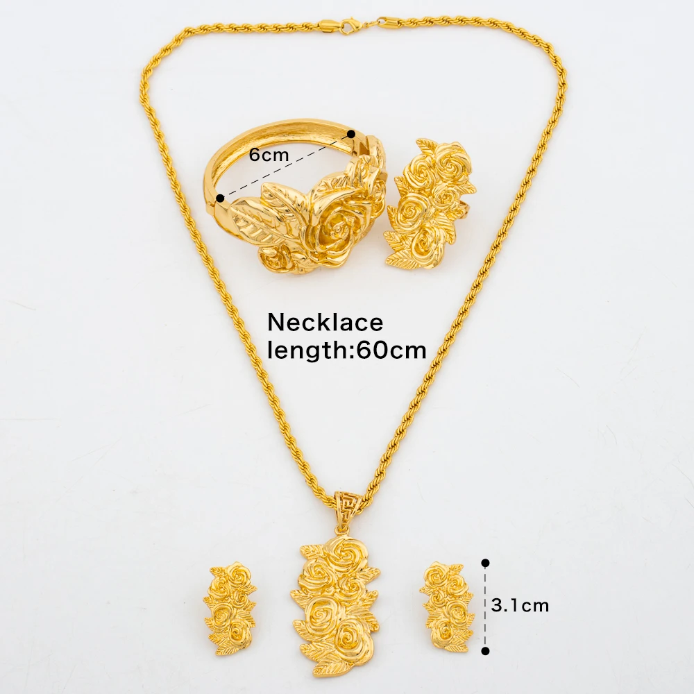 New Arrivals Gold Color Jewelry Sets For Women Fashion Earrings Necklace Italy Bangle Ring Flower Pendant Bride Wedding Party
