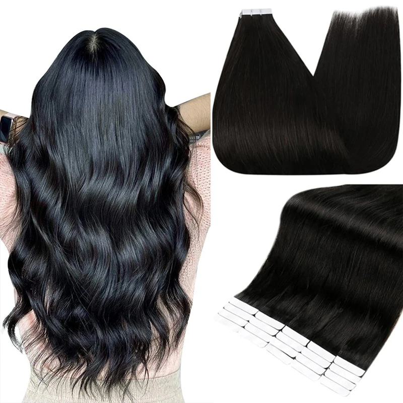 Straight Tape In Hair Extensions Natural Black Remy Hair Extensions Tape In 50g Per Pack Seamless Natural Hair 16-26Inch #1B