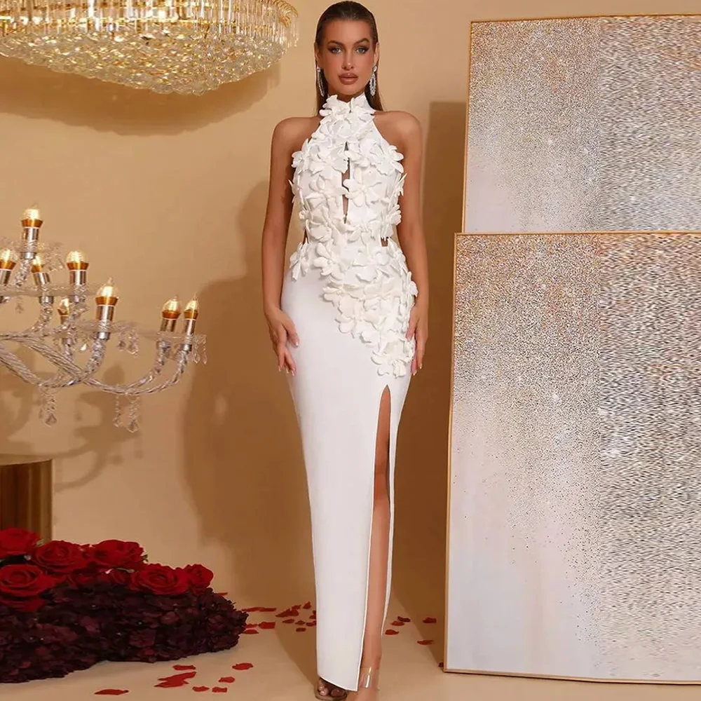 Customized Elegant Mermaid High Collar Evening Dress Matching Jersey Handmade Flower Party Dresses Modern Celebrity Gowns