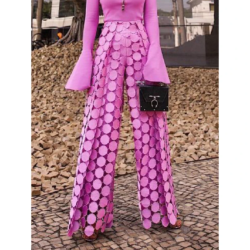 Krisnanas Traf High Waisted Wide Leg Hollow Polka Dot Solid Color Pants Trousers for Stylish Selection Leisure Fashion