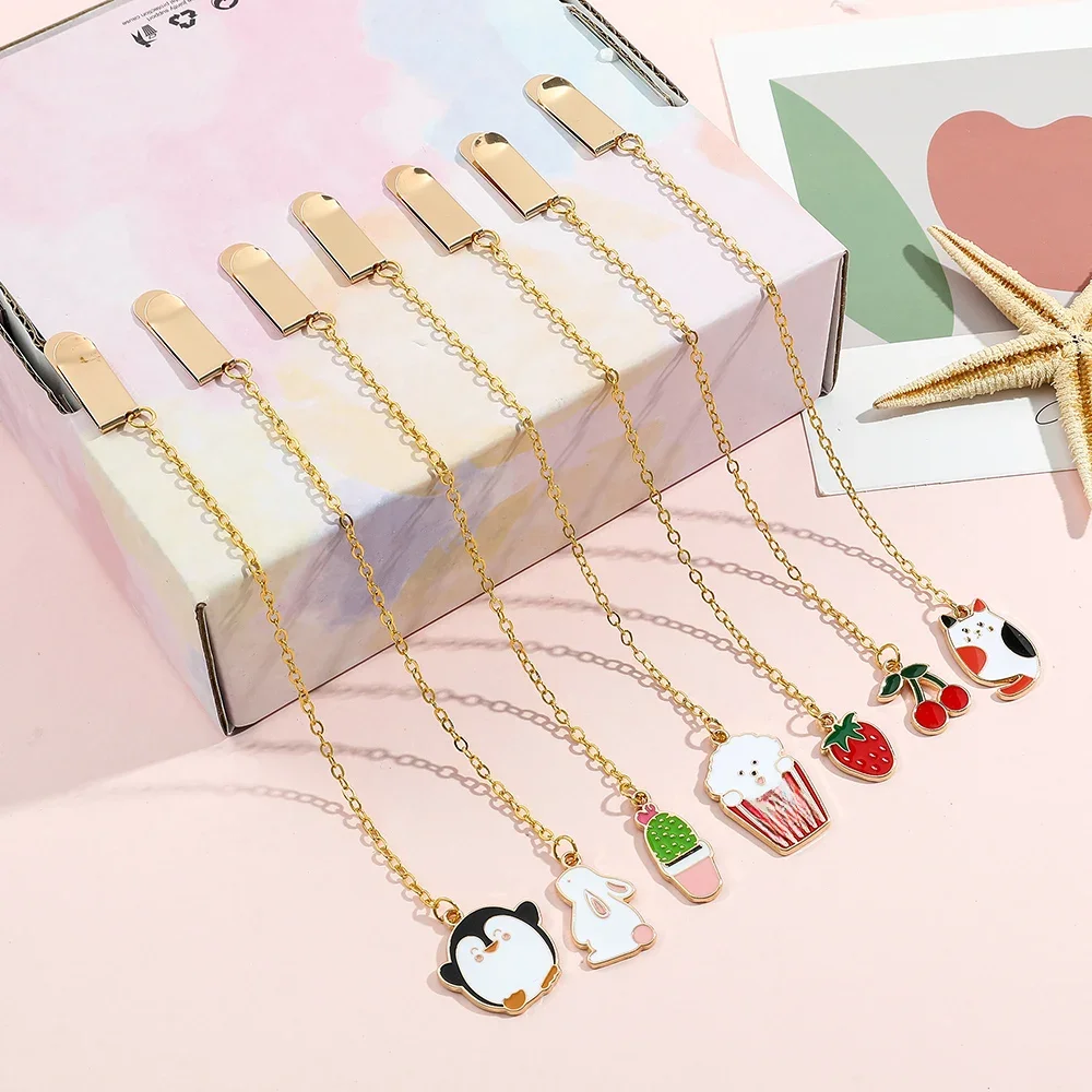 Marque-page à pampilles à Clip mignon, Simple, pingouin, lapin, fraise, cerise, pendentif, marque-page de lecture en métal pour étudiants et enseignants