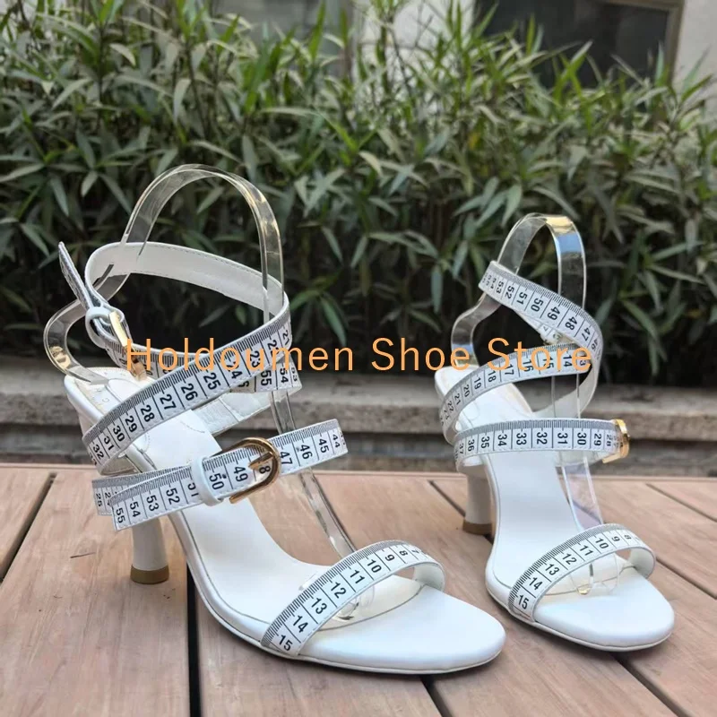 Women's Novel Tape Measure Design Sandals Peep Toe Strange Style Heel Cross Ankle Strap Sandals Special Style Catwalk Sandals