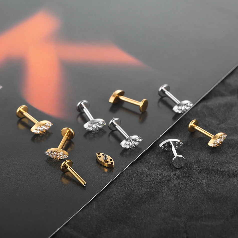 Titanium Gold Color Labret Piercing Flat Back Lip Studs Jewelry Cubic Zircon Helix Conch Piercing Stud Earring for Women image 6
