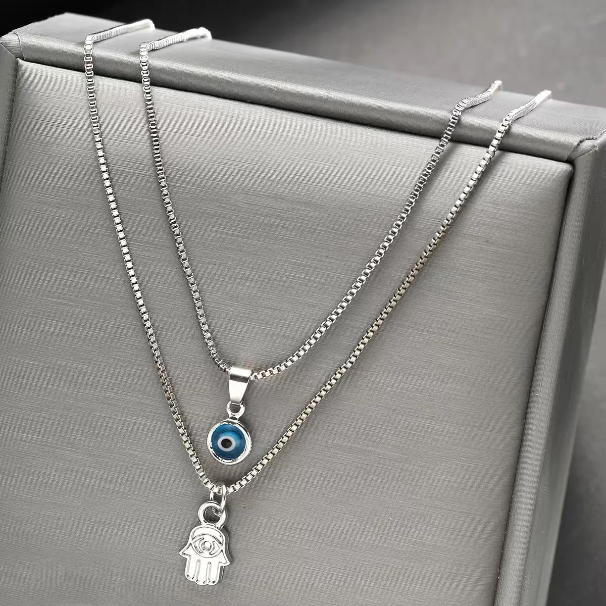 Lucky Double Layer Palm Evil Eyes Pendant Necklace for Women Micro Paved Rhinestone Eye Clavicle Chains Jewelry Gift image 3