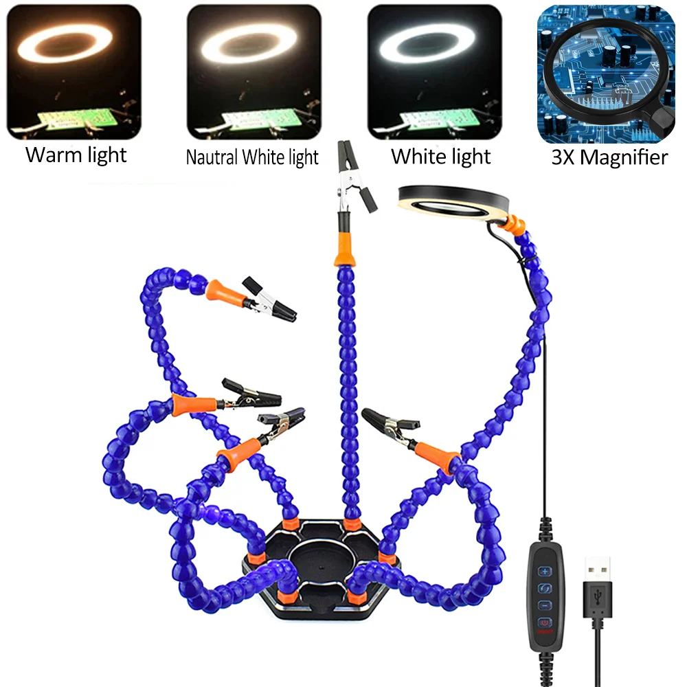 OTOOLSION-herramienta de soporte de PCB de tercera mano, lupa LED 3X, reparación de soldadura ajustable, 6 brazos flexibles, asistente de soldadura de manos