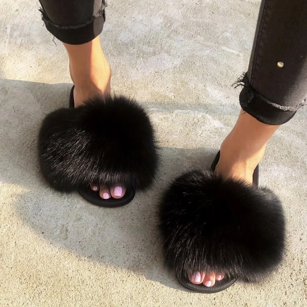 MPPM Real Fox Fur Slides for Women Luxury Designer Sandals On Summer Furry Slippers Flip Flops Shoes Plus Size Shoes