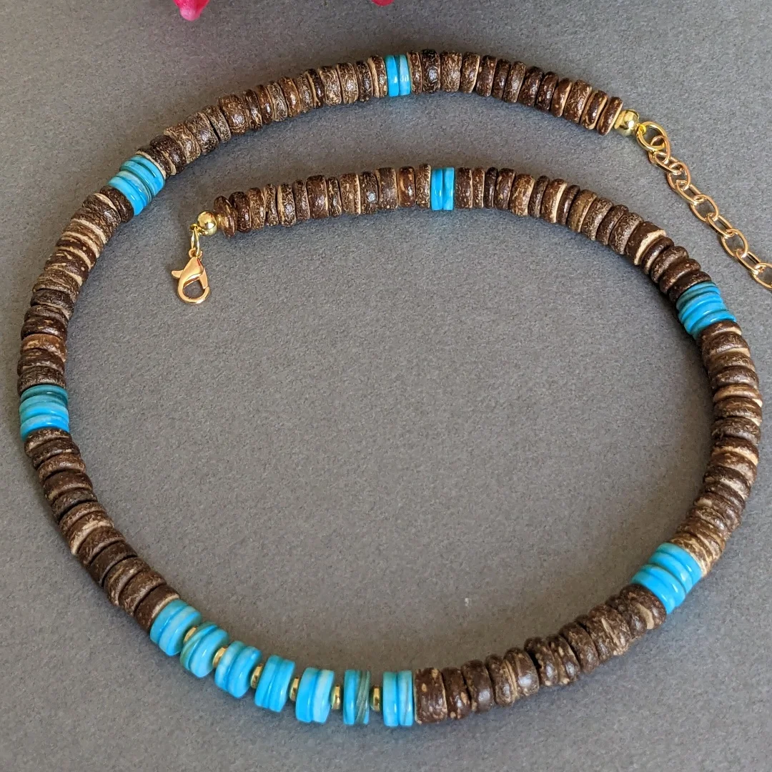 Brown Coconut Shell Beads Natural Pink or Blue Shell Disks Boho Style Necklace for Summer Beach