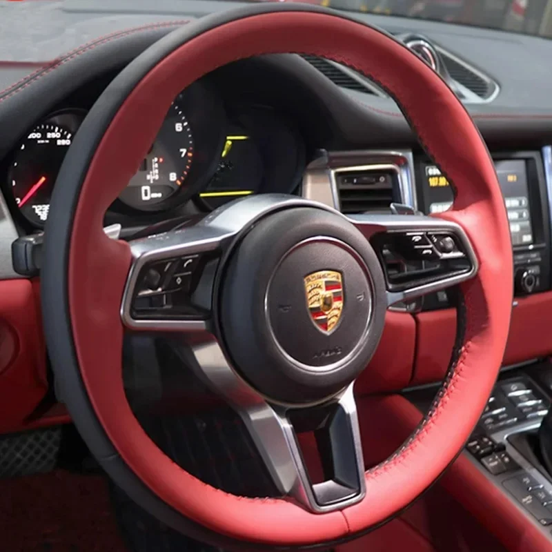 Beżowy antypoślizgowy pokrowiec na kierownicę z prawdziwej skóry 100% pasuje do Porsche Macan 2015-2021 Cayenne 718 911 Akcesoria samochodowe — zdjęcie 2