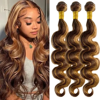 Vurgulamak vücut dalga İnsan saç demetleri #4/27 Tissage uzantıları brezilyalı kadınlar için 100% insan saçı örgüsü 28 30 inç kahverengi sarışın