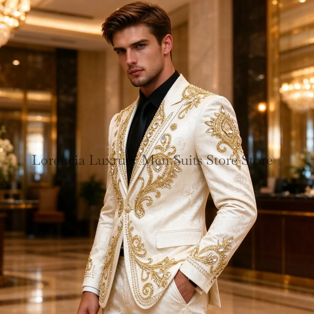 High End Diamond Jacquard For Men Suit Luxury Gem 3 Pieces Groom Male Blazer Ropa Hombre Fromal Slim Wedding Tuxedos Customized