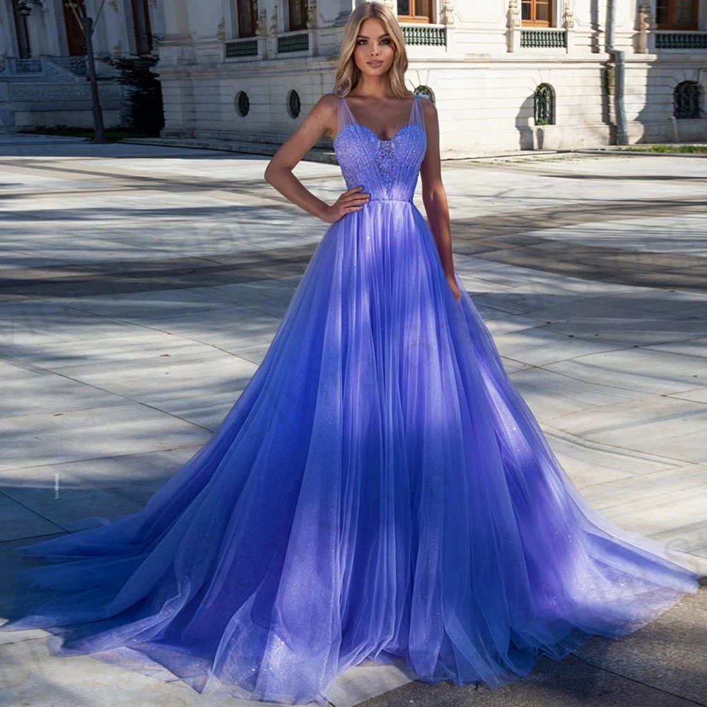 

Awesome Sparkly A-Line Evening Dresses Ladies Tulle Applique Sequins Spaghetti Straps Sweetheart Backless Formal Party Gowns