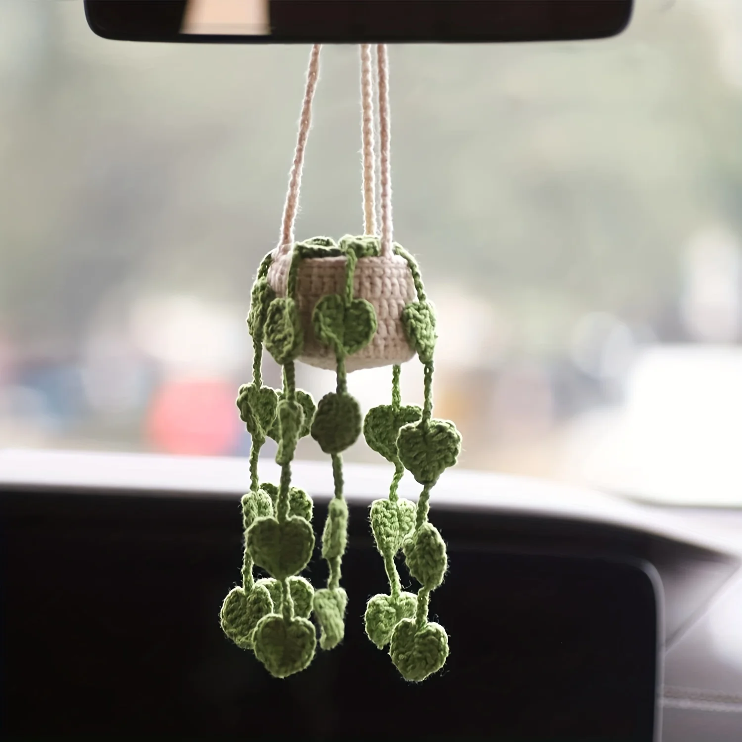 Boho Car Plant Crochet Hanging Basket, Hanging Plant For Car Decor, Car Accessories, Car Ornament Rear View Mirror Accessories C