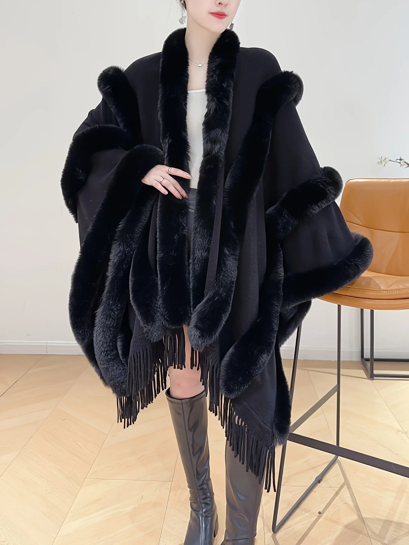 

2025 новейший женский повседневный свободный кардиган среднего и длинного цвета с шалью и кисточками из искусственного меха, однотонный кардиган