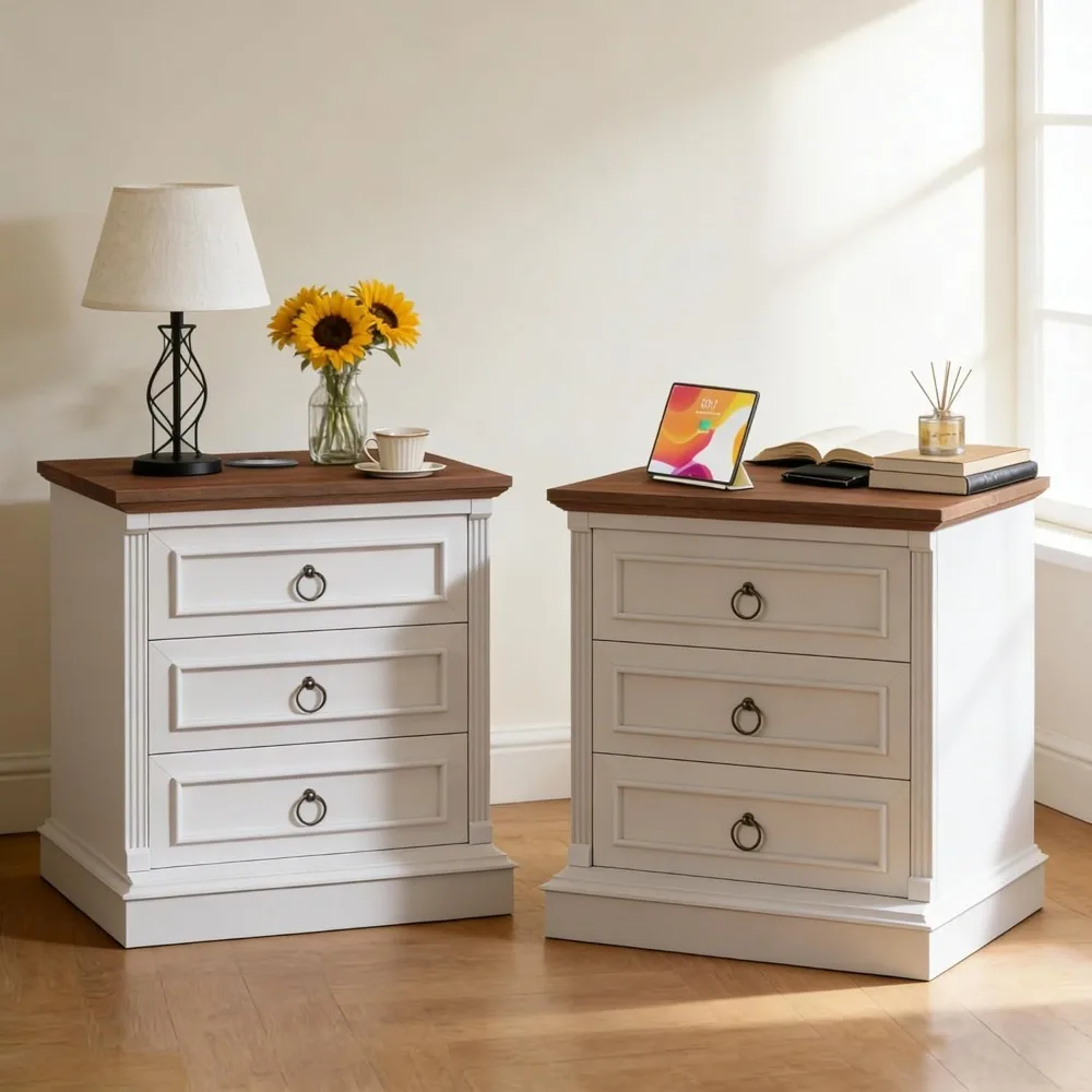 Nightstand Side Table with Wireless Charging Station, Wood Rustic End Table with Roman Column