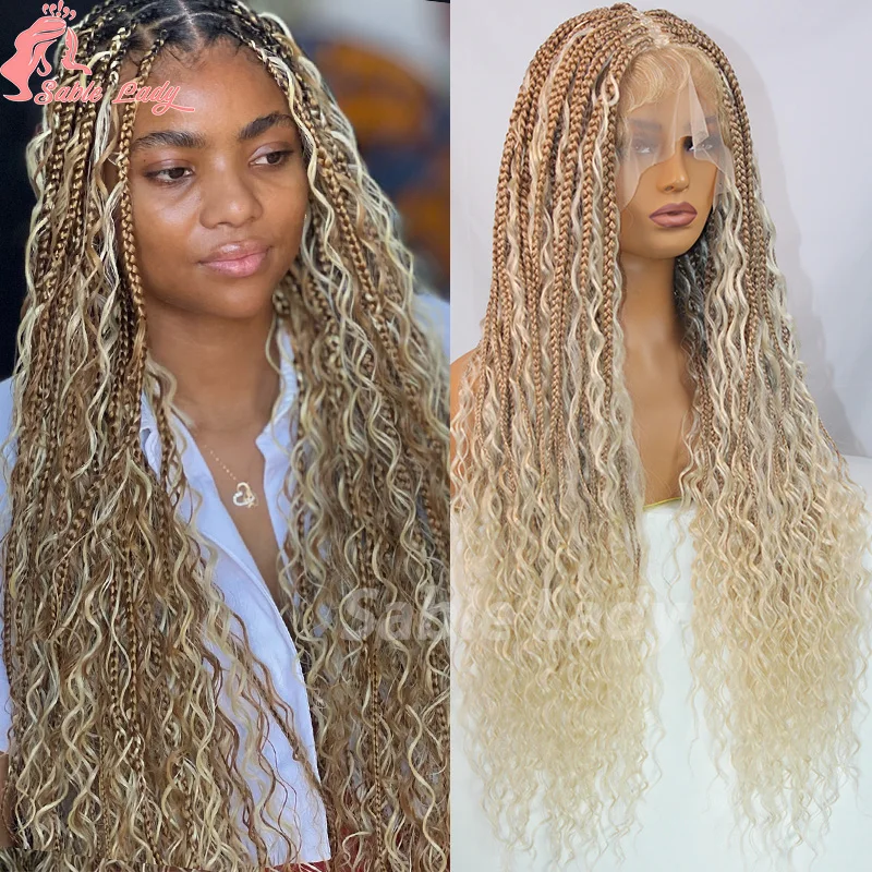 

Synthetic Box Braided Wigs Full Lace Front Wigs 32 Inches Bohemian Braids Wig For Black Women Blonde 613 Knotless Cornrow Wigs