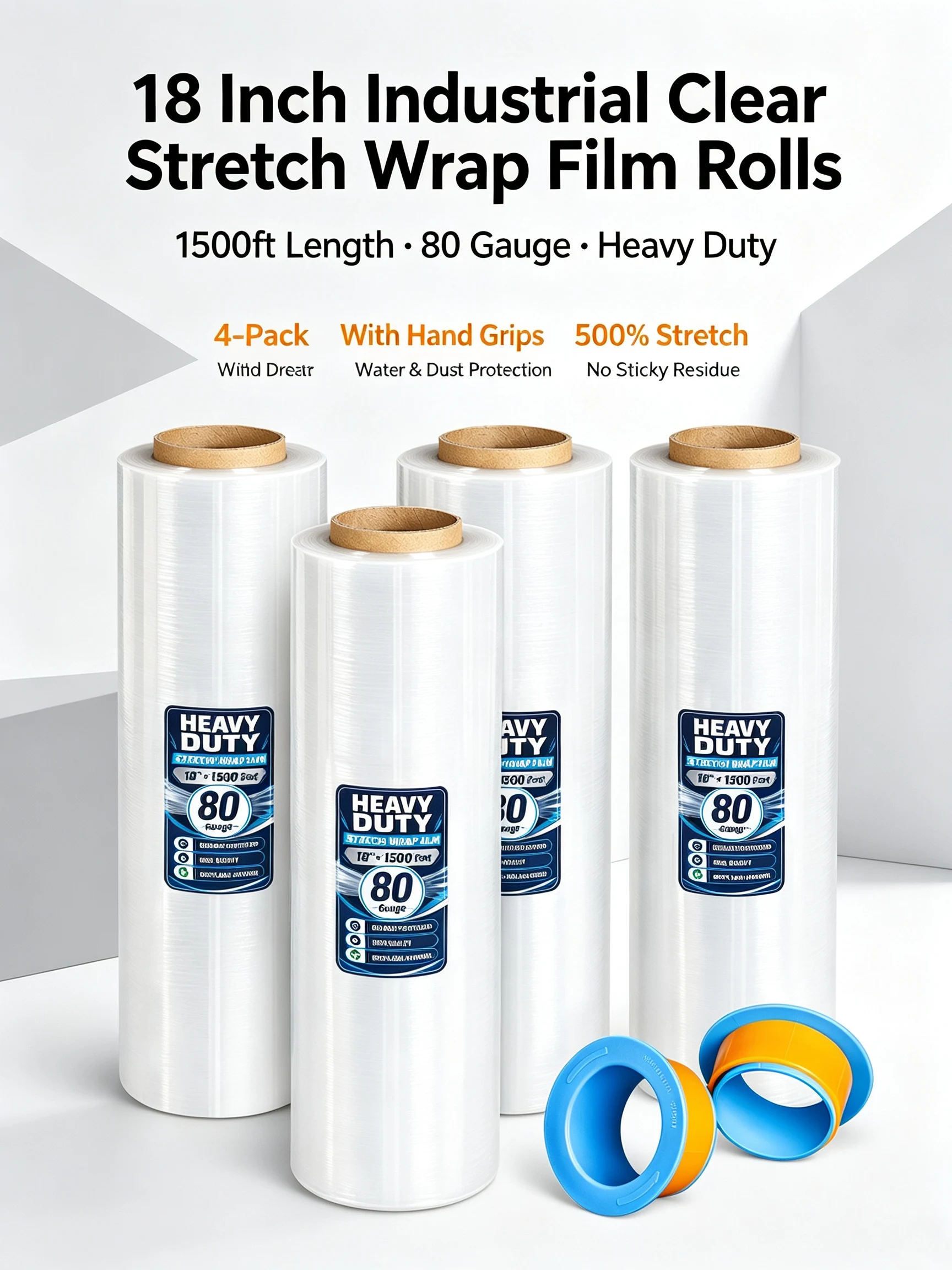18 Inch Industrial Clear Stretch Wrap Film Rolls, 1500ft Length 80 Gauge Heavy Duty Pallet Wrapping Plastic Wrap with Hand Grips, 4-Pack for Shipping, Moving & Cargo Storage