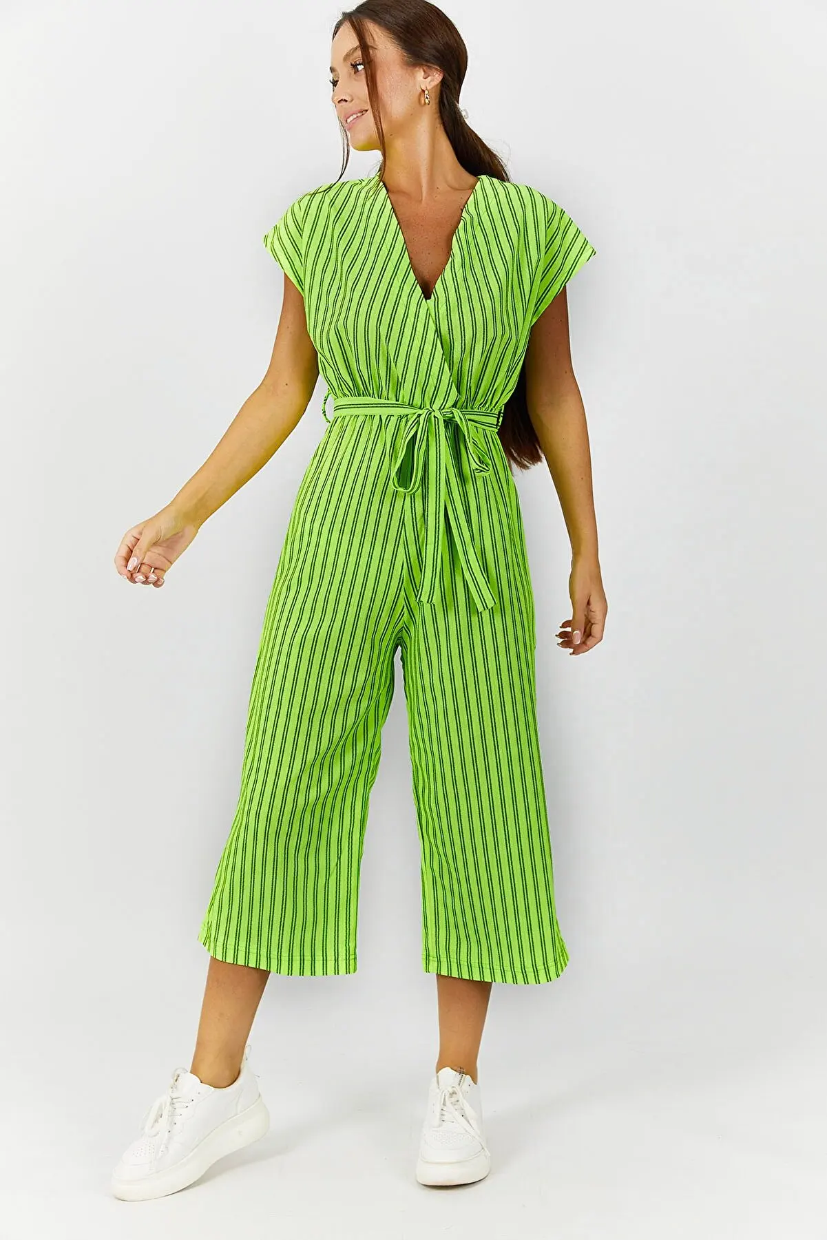 

Women's Neon Color Striped Double Breasted Waist Belt Jumpsuit,Comfortable Daily Use,Long Leg Jumpsuit,Elegant and Stylish Overa