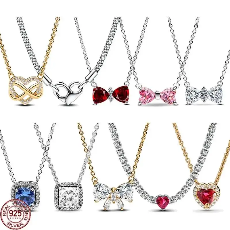 2025New 925 Sterling Silver Classic Shiny Heart-shaped Bow Square Necklace Luxury Exquisite Charm Women's Jewelry Surprise Gifts