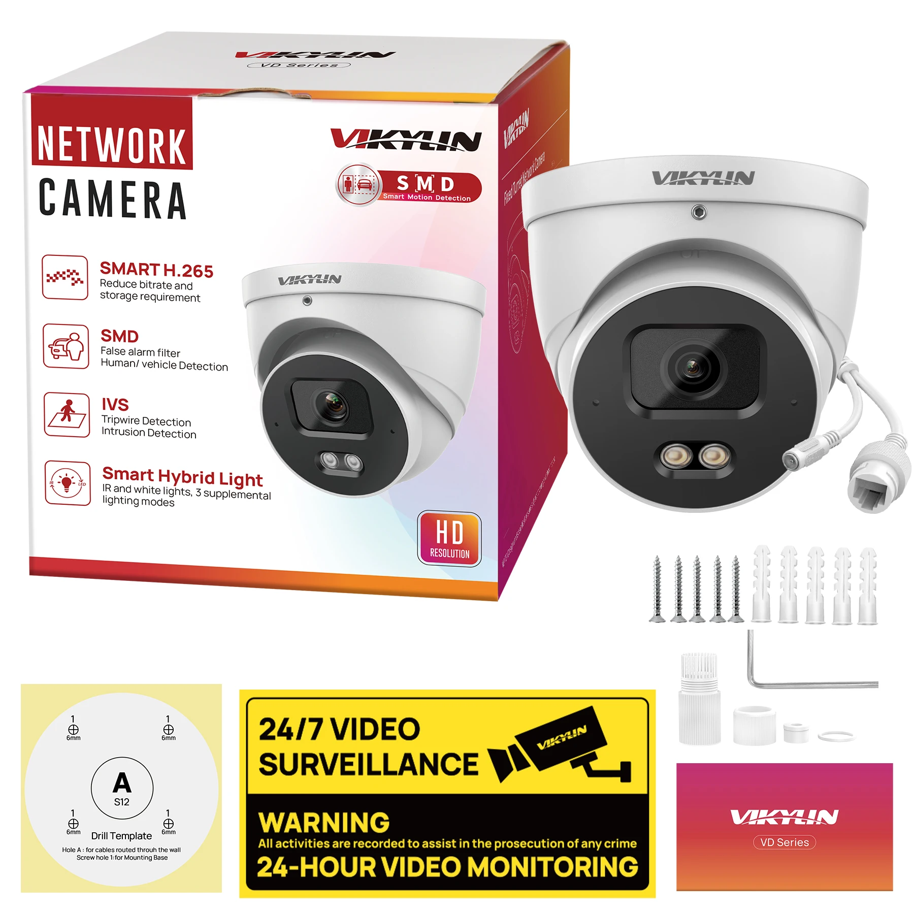 VIKYLIN 4MP Full Color IP Security Camera Perimeter Protection Built-in Mic Smart Motion Detection Outdoor Support IVS Onvif IP67 Metal Housing