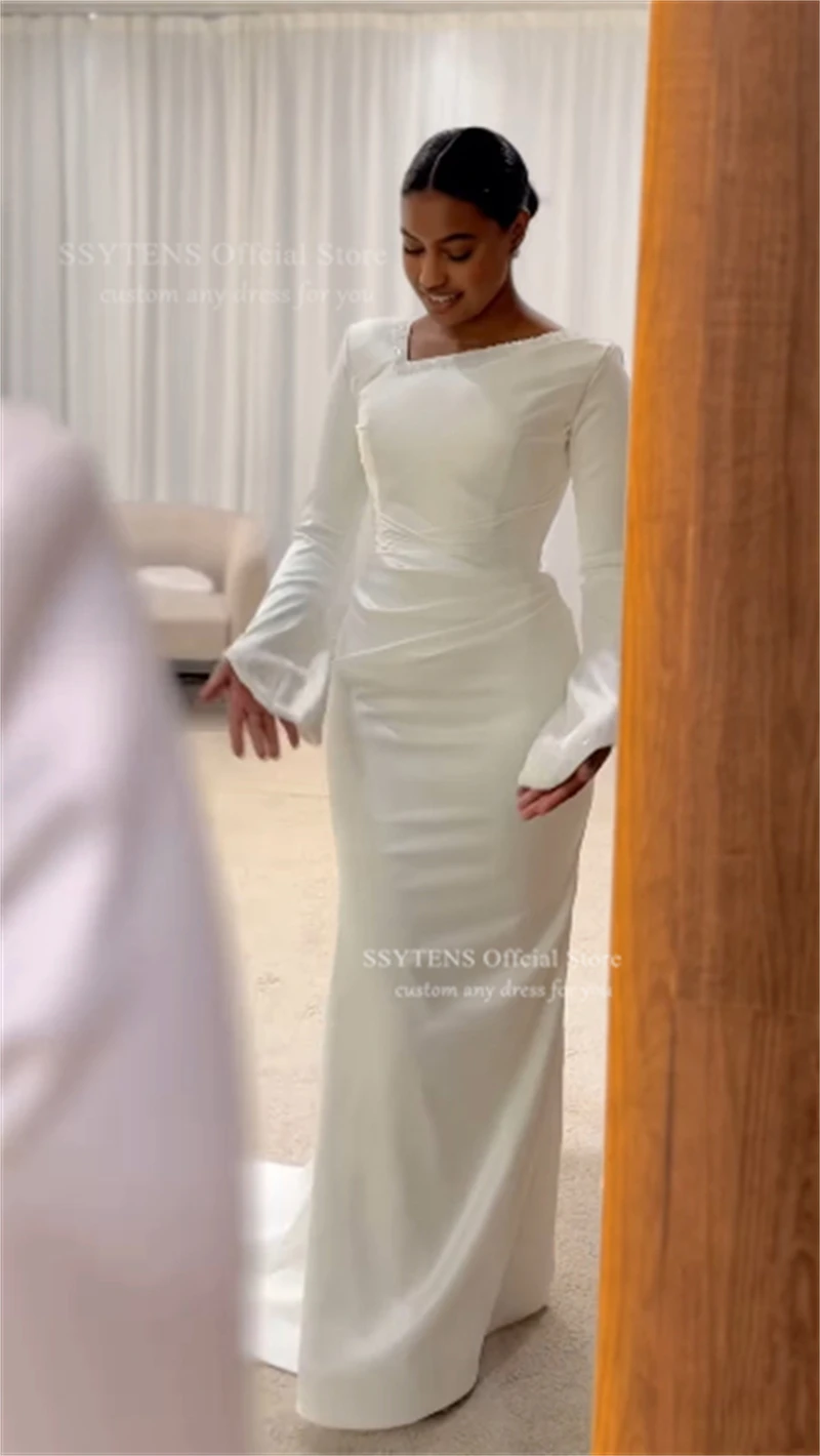 SSYTENS Vestido de Novia Árabe con Cuentas y Perlas, Modesto, Personalizado, de Satén Blanco Marfil, Mangas Largas, Vestido de Novia Musulmán, Robe De Mariée