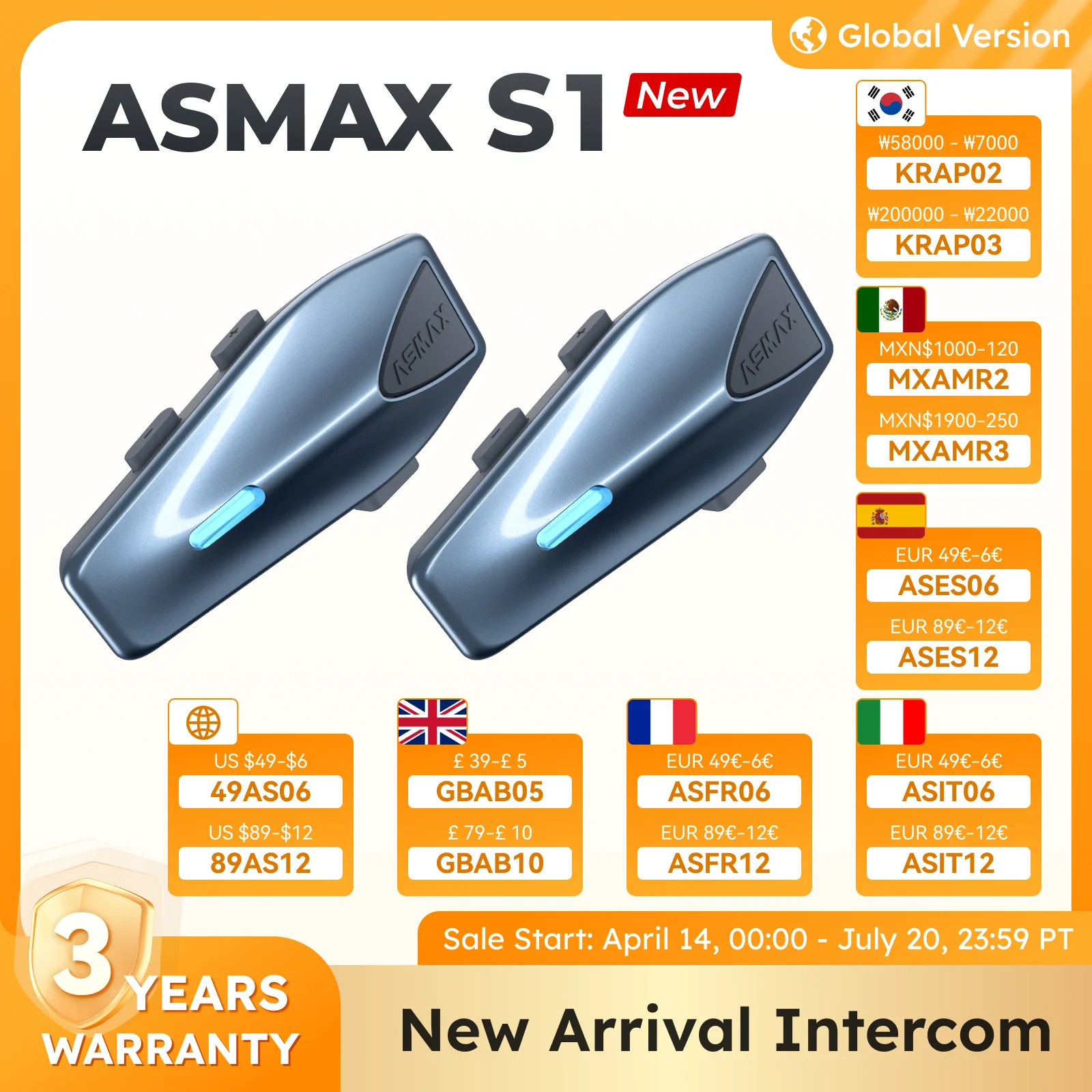 ASMAX S1 Helmet Intercom Global Version Motorcycle Mesh Group Intercom Voice Control Multi-audio Bluetooth Headset APP/IPX7/ENC