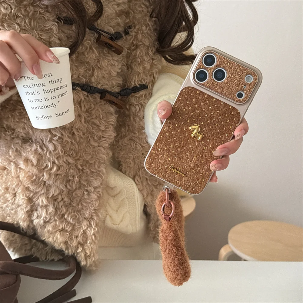 

Stylish Electroplated Plush Polka Dot Phone case for iPhone 17 Pro 14 15 16 Pro Max Cover Luxury 3D Metal Pony Fundas Cute Cases