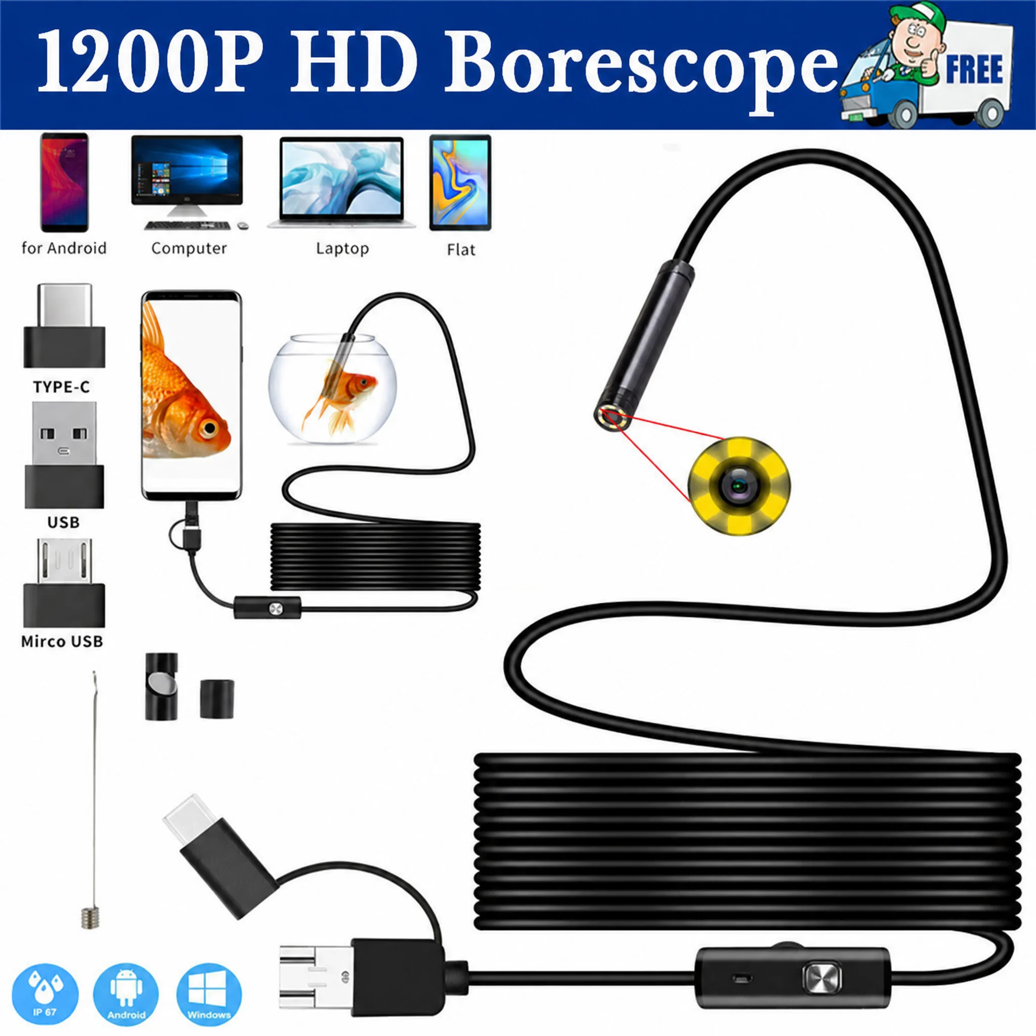 1200P HD 3 in 1 USB Type-C Endoscope Camera for Android PC, 8 LED Waterproof Borescope Snake Inspection Camera for Automotive